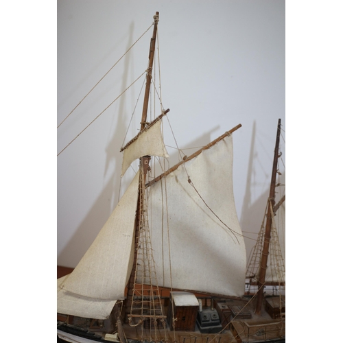 190 - Scratch Built Hand Made Model of Twin Mast Ship on Stand - 67cm Bow to Stern - 60cm Tall