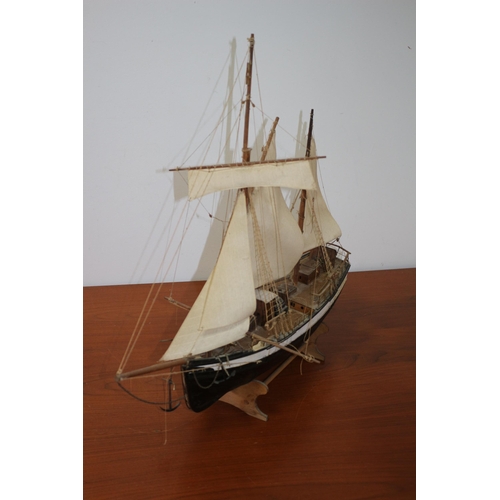 190 - Scratch Built Hand Made Model of Twin Mast Ship on Stand - 67cm Bow to Stern - 60cm Tall