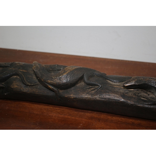 242 - Very Nice and Well Carved Solid Wood Display Log with 3 Lizards Mounted on it - 62cm