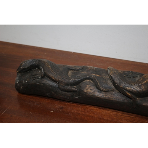 242 - Very Nice and Well Carved Solid Wood Display Log with 3 Lizards Mounted on it - 62cm