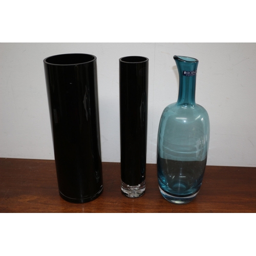 244 - 2 Black Glass Vases plus a Blue Glass Pourer by Polish Producers Josefina Krosmo - Tallest 31cm