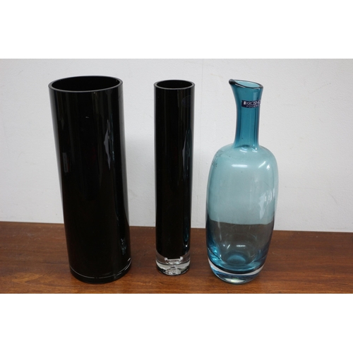 244 - 2 Black Glass Vases plus a Blue Glass Pourer by Polish Producers Josefina Krosmo - Tallest 31cm