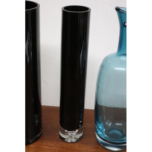 244 - 2 Black Glass Vases plus a Blue Glass Pourer by Polish Producers Josefina Krosmo - Tallest 31cm