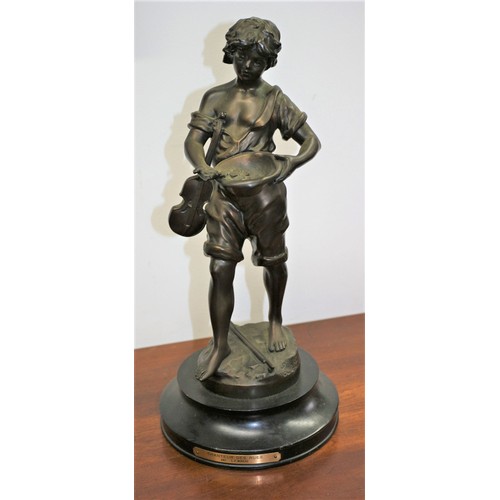 138 - Beautiful Heavy Bronze Figure by L.F. Moreau - Titled Chanteur des Rues - 40cm Tall