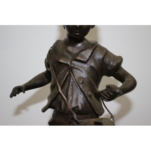 140 - Heavy Bronze Statue of a Fishing Boy by Aug Moreau - 45cm Tall