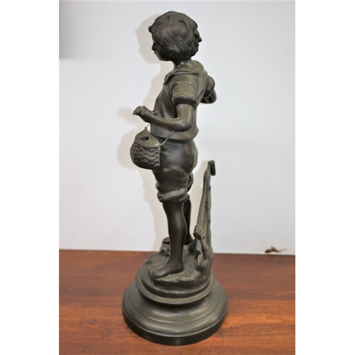 140 - Heavy Bronze Statue of a Fishing Boy by Aug Moreau - 45cm Tall