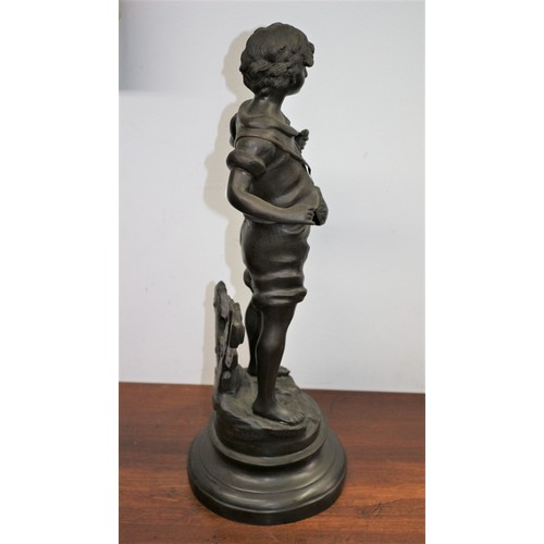 140 - Heavy Bronze Statue of a Fishing Boy by Aug Moreau - 45cm Tall