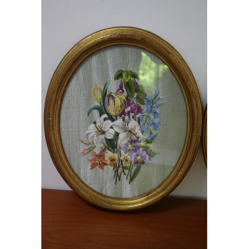 18 - Pair of Framed and Glazed Oval Mid Century Needlework Pieces Depicting Floral Scenes - These Were Co... 