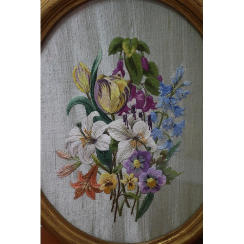 18 - Pair of Framed and Glazed Oval Mid Century Needlework Pieces Depicting Floral Scenes - These Were Co... 