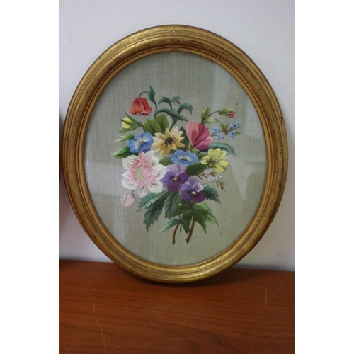 18 - Pair of Framed and Glazed Oval Mid Century Needlework Pieces Depicting Floral Scenes - These Were Co... 