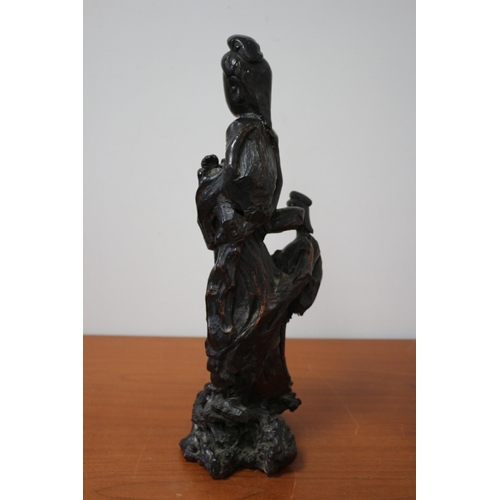 24 - Wooden Hand Carved Oriental Figure Holding a Turtle with Second Figure