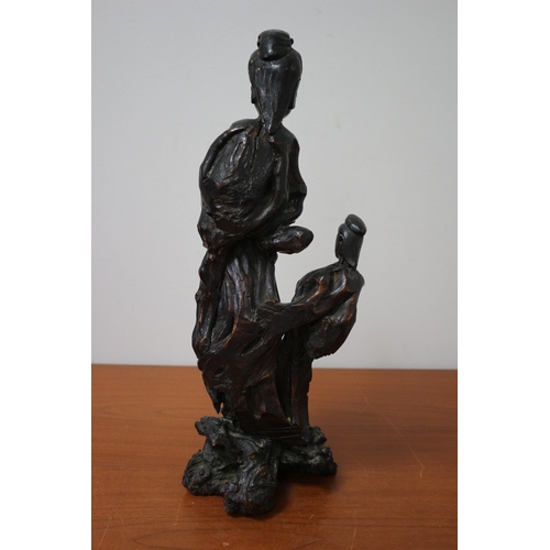 24 - Wooden Hand Carved Oriental Figure Holding a Turtle with Second Figure