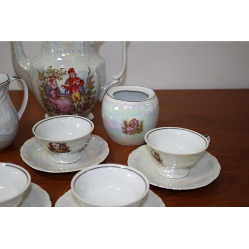 58 - Lustre Ware Oyster Effect Decorative Teapot, Milk Jug, Sugar Bowl and 8 Cups & Saucers