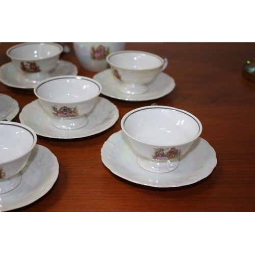 58 - Lustre Ware Oyster Effect Decorative Teapot, Milk Jug, Sugar Bowl and 8 Cups & Saucers