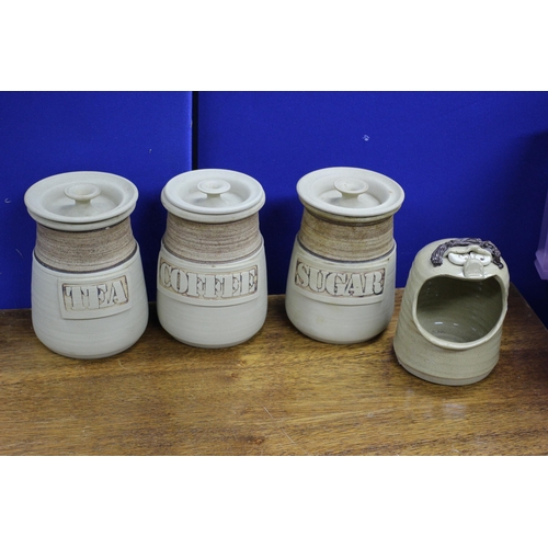 66 - Heavy Earthenware Tea, Coffee and Sugar Lidded Pots plus a Salt Pot