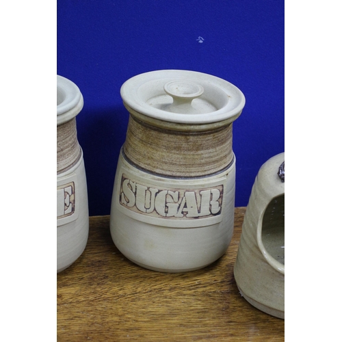 66 - Heavy Earthenware Tea, Coffee and Sugar Lidded Pots plus a Salt Pot