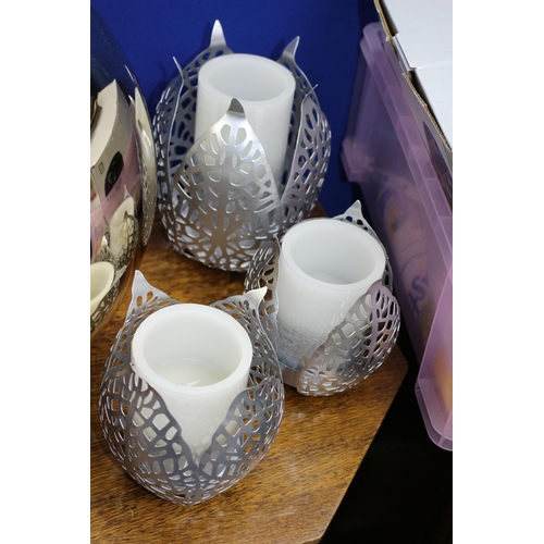 68 - Box Containing Glass Baubles with Firs Inside plus Set of 3 Metal Candle Holders with Battery Candle... 