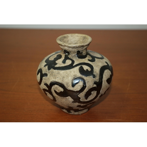 74 - Aged Studio Pottery Vase with Enamelled Pattern