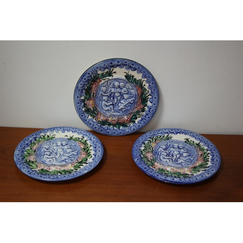 100 - 3 x French Barbotine Majolica Angel Plates - 26 Dia