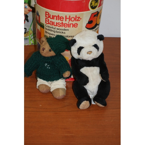 118 - Mechanical Panda plus a Teddy Bear Along with a Box of Bunte Holz Colourful Wooden Building Bricks a... 