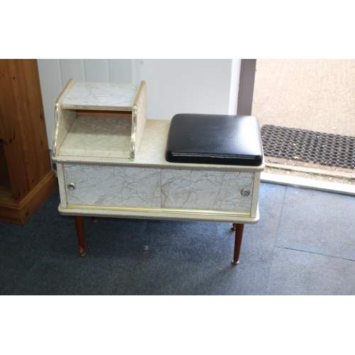 123 - Mid Century Telephone Seat with Storage Cupboard - Marble Effect with Cushioned Seat