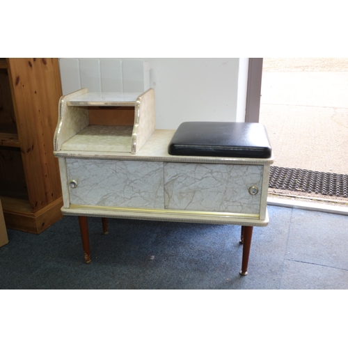 123 - Mid Century Telephone Seat with Storage Cupboard - Marble Effect with Cushioned Seat