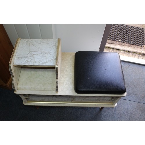 123 - Mid Century Telephone Seat with Storage Cupboard - Marble Effect with Cushioned Seat