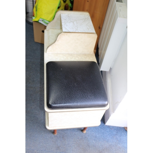 123 - Mid Century Telephone Seat with Storage Cupboard - Marble Effect with Cushioned Seat