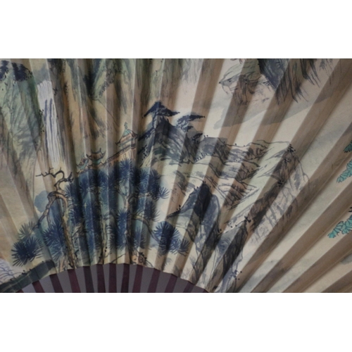 143 - Very Large Ornately Hand Painted Vintage Oriental Wall Fan with Brass Plaque Attached and Bamboo Sid... 