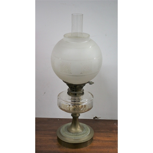 152 - Vintage Paraffin Lamp with Glass Paraffin Holder, Griffin Flume and Pattern Glass Shade