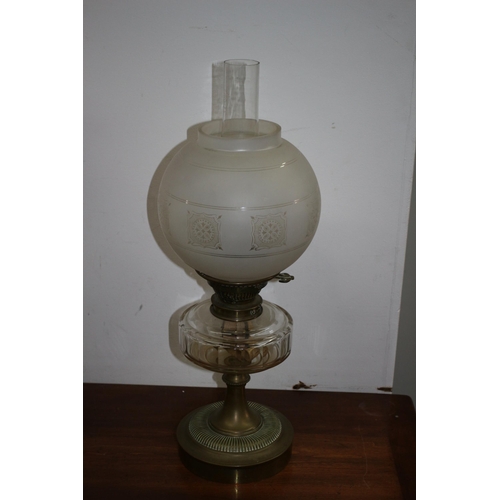 152 - Vintage Paraffin Lamp with Glass Paraffin Holder, Griffin Flume and Pattern Glass Shade