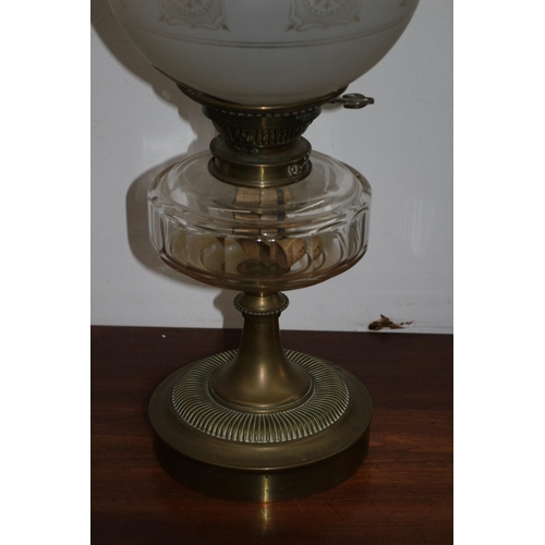 152 - Vintage Paraffin Lamp with Glass Paraffin Holder, Griffin Flume and Pattern Glass Shade