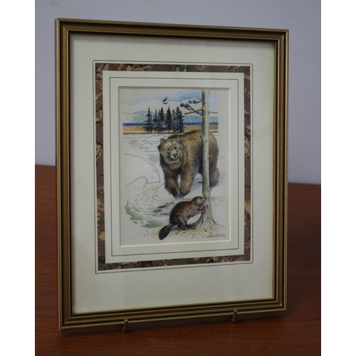 261 - Framed and Glazed Original Watercolour & Pencil Painting - Titled: Bear & Beaver by Known Artist Cli... 