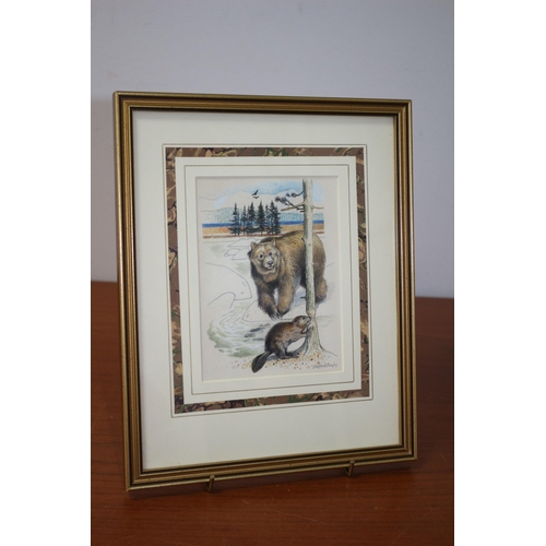 261 - Framed and Glazed Original Watercolour & Pencil Painting - Titled: Bear & Beaver by Known Artist Cli... 