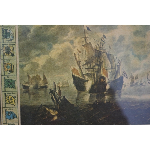 264 - Framed and Glazed Antique Nautical Scene Print Depicting The Battle of Augusta 1676 Between The Span... 