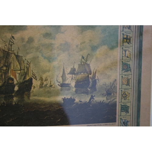 264 - Framed and Glazed Antique Nautical Scene Print Depicting The Battle of Augusta 1676 Between The Span... 