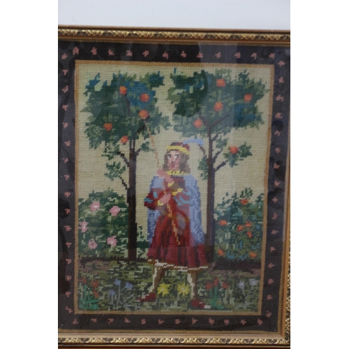 286 - Framed and Glazed Aged Needlework Embroidered Picture of a Regal Person Standing Between Fruit Trees