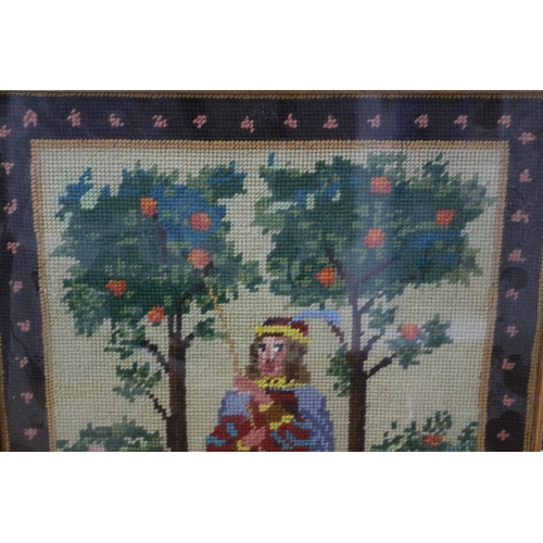 286 - Framed and Glazed Aged Needlework Embroidered Picture of a Regal Person Standing Between Fruit Trees