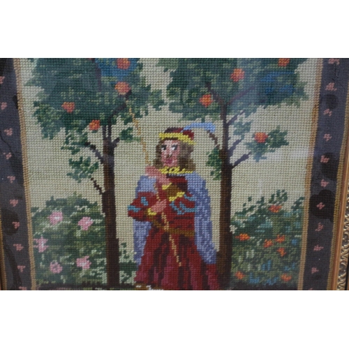 286 - Framed and Glazed Aged Needlework Embroidered Picture of a Regal Person Standing Between Fruit Trees