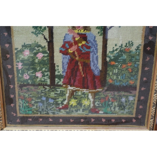 286 - Framed and Glazed Aged Needlework Embroidered Picture of a Regal Person Standing Between Fruit Trees