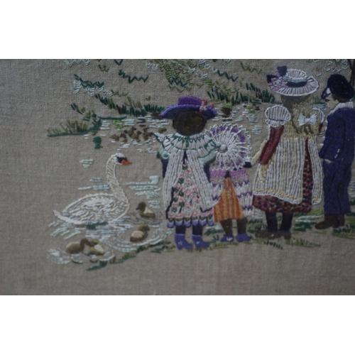 287 - Framed and Glazed Aged Needlework Embroidered Picture Depicting Victorian Children Admiring The Swan... 