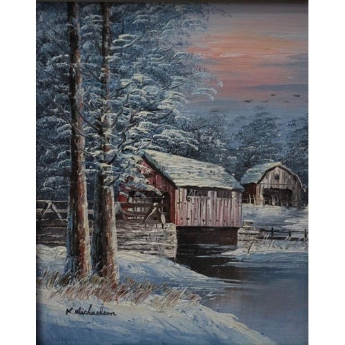 302 - Framed K. MICHAELSON Oil on Board - Signed - Titled: Covered Bridge in Wintertime