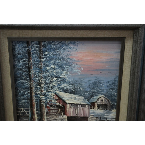 302 - Framed K. MICHAELSON Oil on Board - Signed - Titled: Covered Bridge in Wintertime