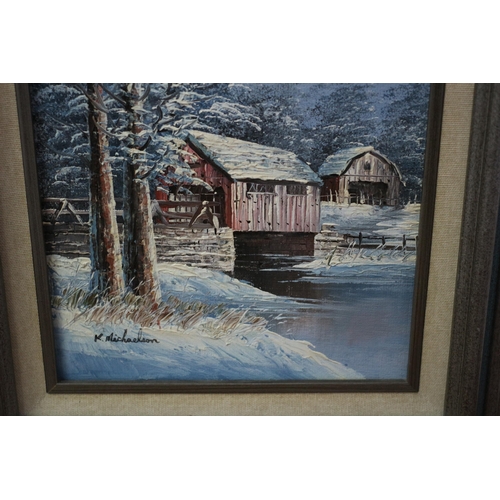 302 - Framed K. MICHAELSON Oil on Board - Signed - Titled: Covered Bridge in Wintertime