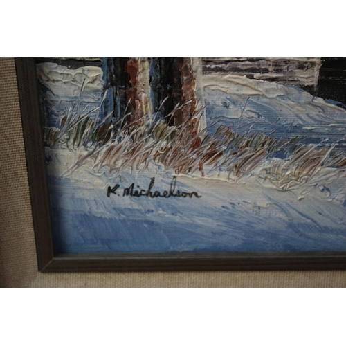 302 - Framed K. MICHAELSON Oil on Board - Signed - Titled: Covered Bridge in Wintertime