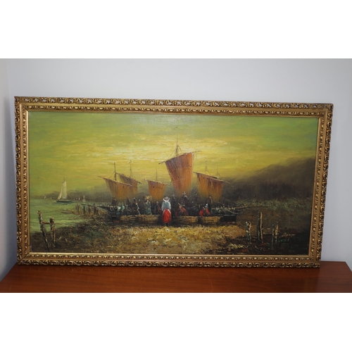 308 - Aged Oil on Canvas Painting - Indistinguishably Signed - Harbour Scene - Ornate Frame