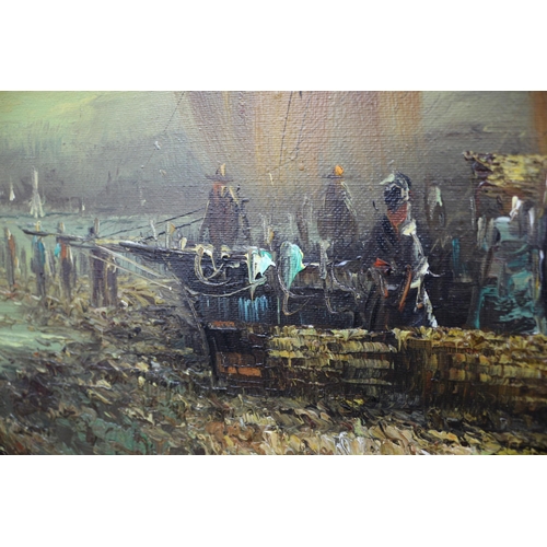 308 - Aged Oil on Canvas Painting - Indistinguishably Signed - Harbour Scene - Ornate Frame