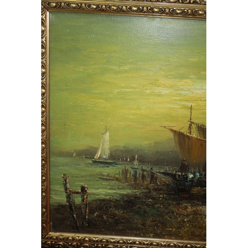 308 - Aged Oil on Canvas Painting - Indistinguishably Signed - Harbour Scene - Ornate Frame