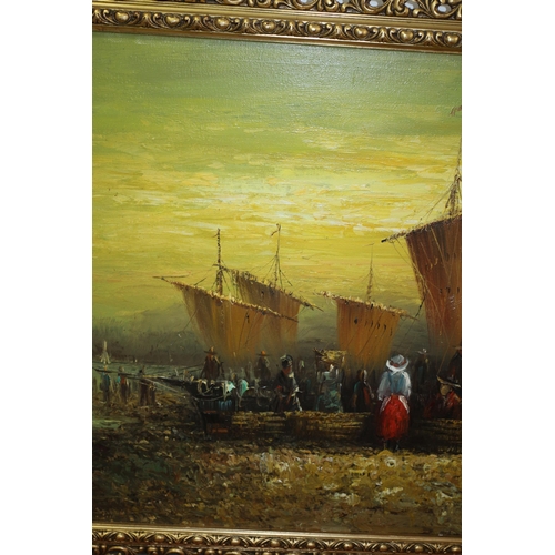 308 - Aged Oil on Canvas Painting - Indistinguishably Signed - Harbour Scene - Ornate Frame