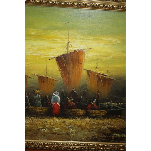 308 - Aged Oil on Canvas Painting - Indistinguishably Signed - Harbour Scene - Ornate Frame